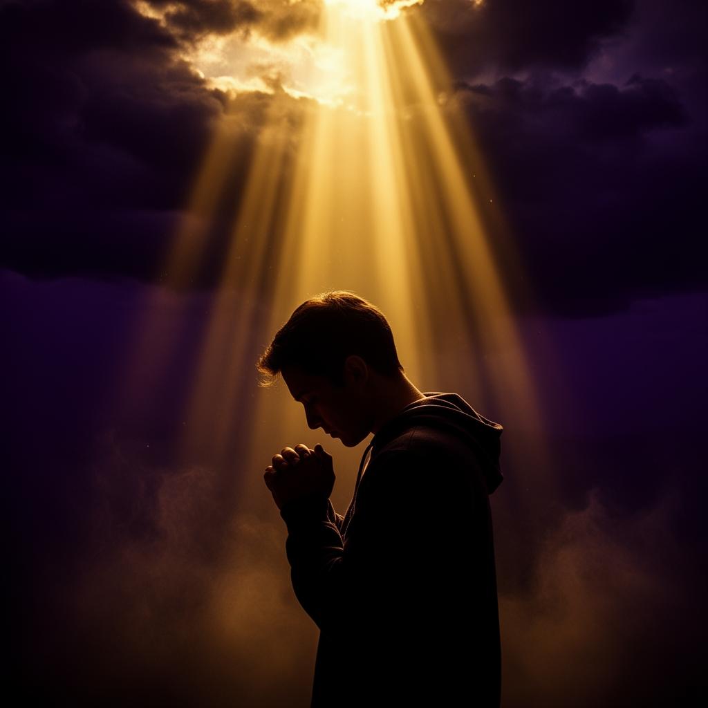 Pessoa em oração com luz divina dourada